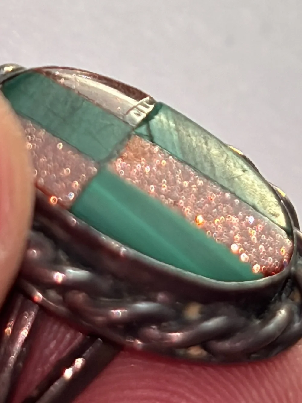 Sterling Silver Inlay Green Malachite and Copper Glitter Oval Ring